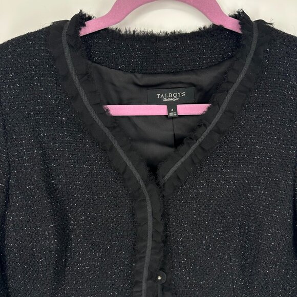 Talbots Metallic Tweed Blazer Jacket 4 Black Silver Shimmer Wool Blend Fringe - Picture 6 of 7